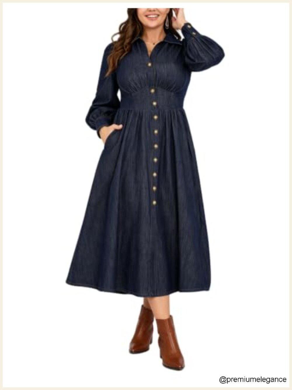Plus Size Denim Shirt Dress with Pockets Button Down Midi